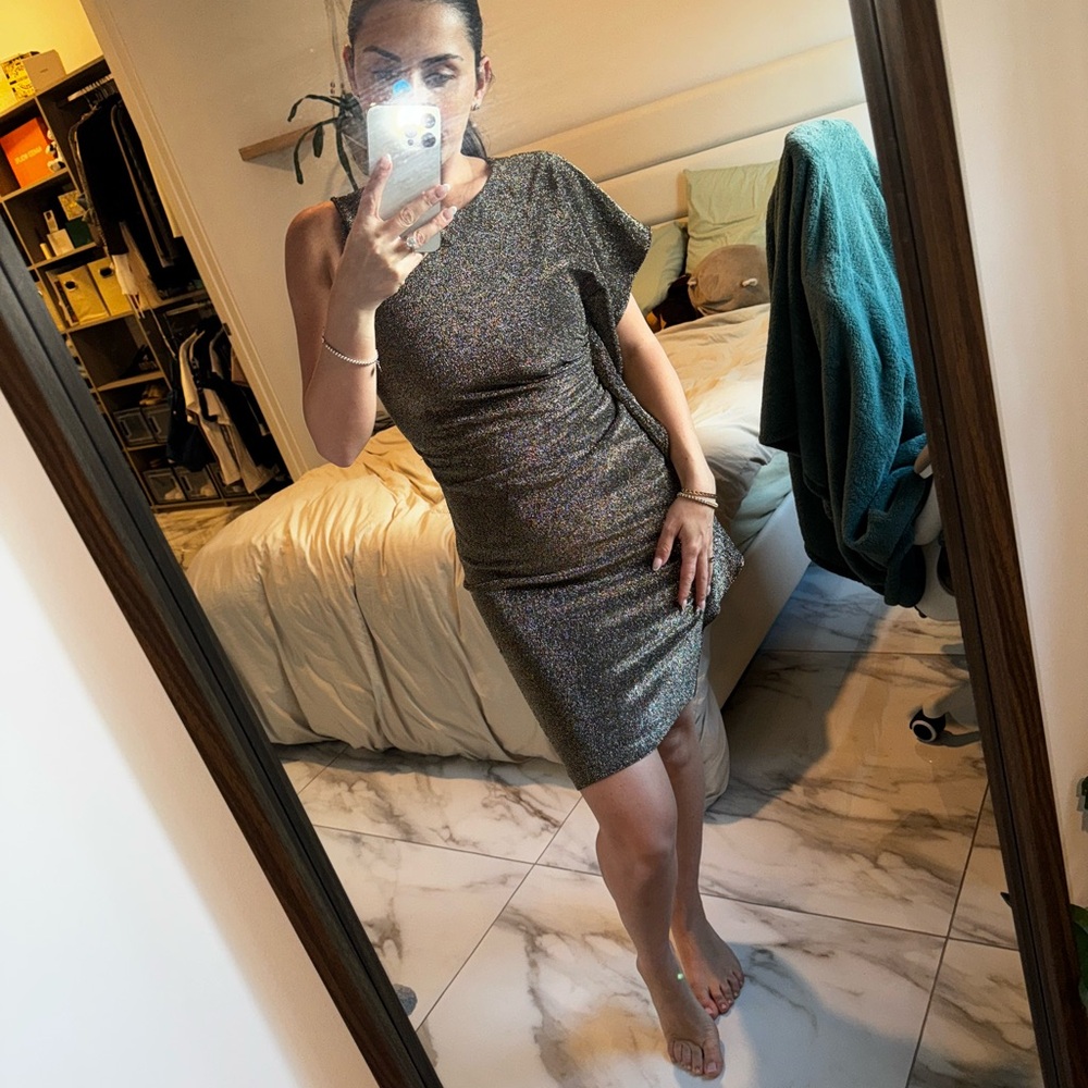 Vince Camuto Metallic Gold/Brown One Sleeve Sheath Dress